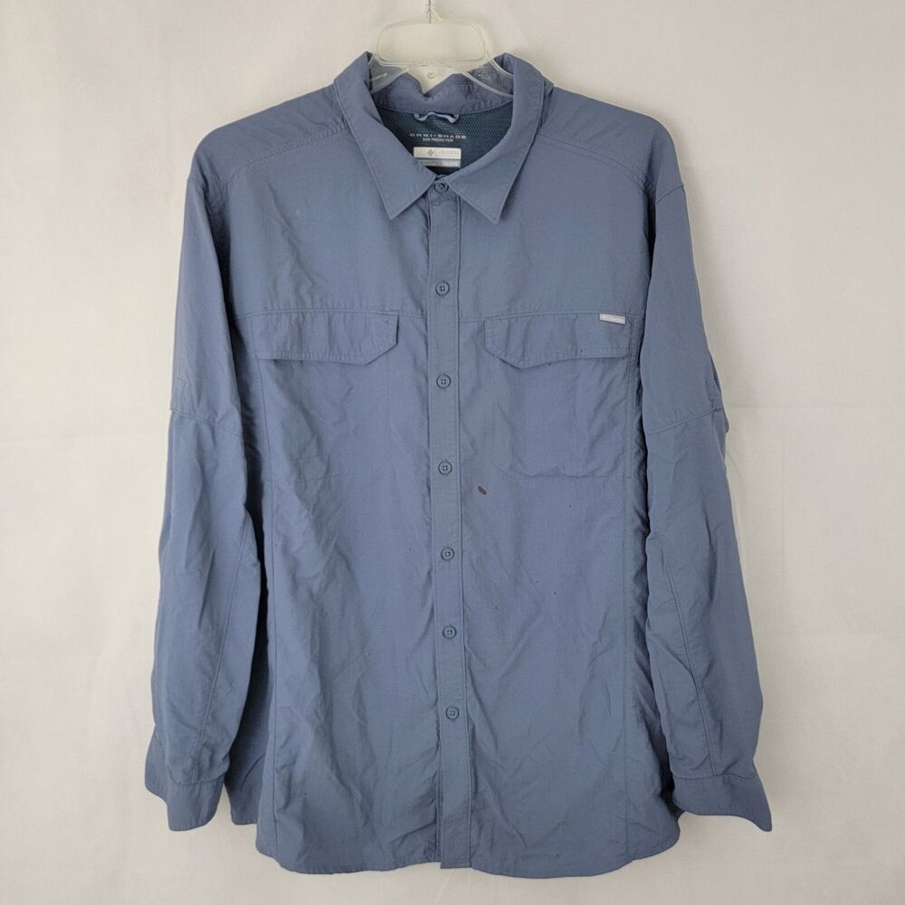 COLUMBIA Mens Shirt Sz XXL Long Sleeve Silver Ridge BLUE Vented Hiking STAINS